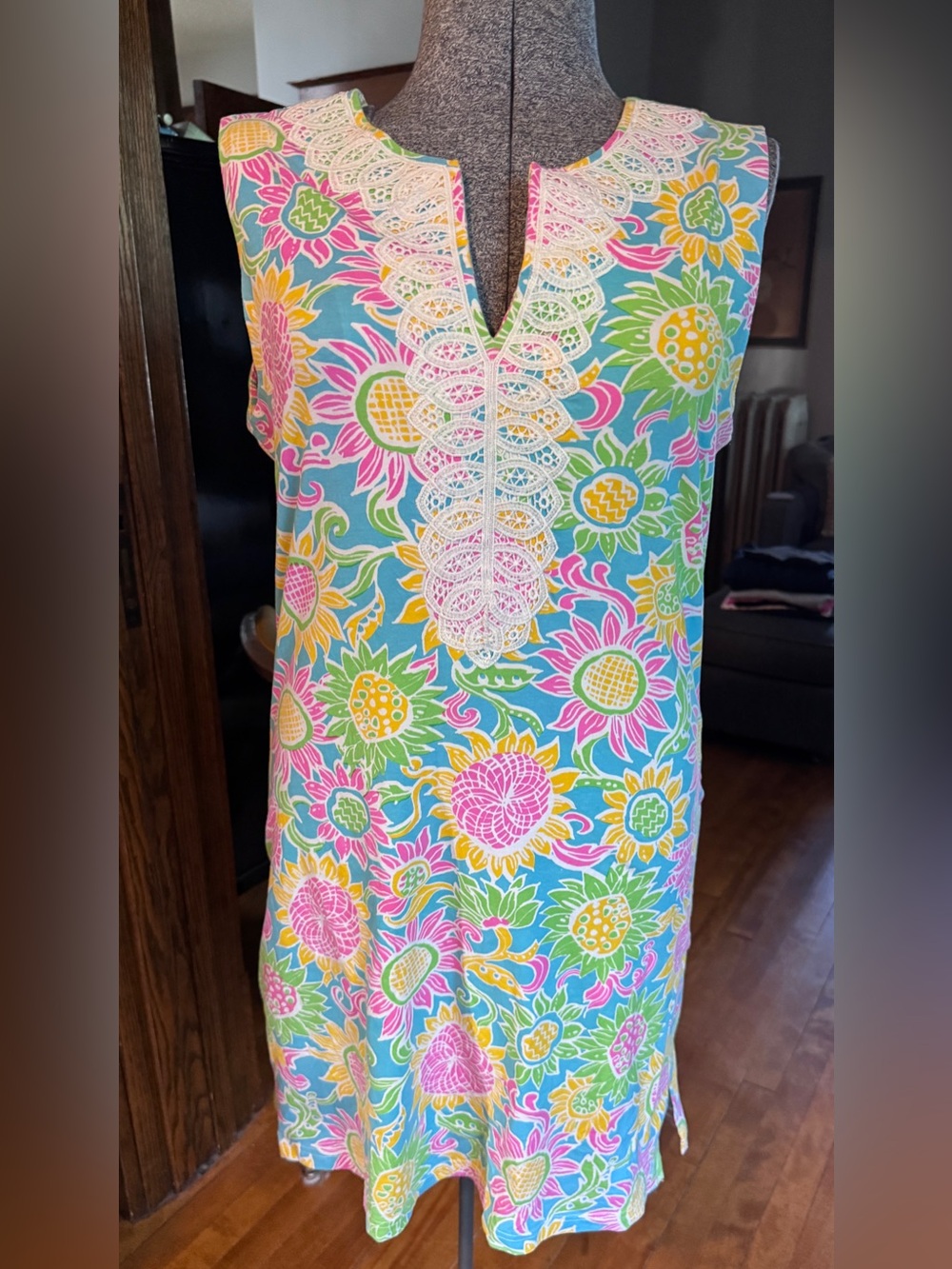 Tabi Tropical Neon Pastel Preppy Sleeveless Dress w/ Embroidered Yoke EUC Sz XL